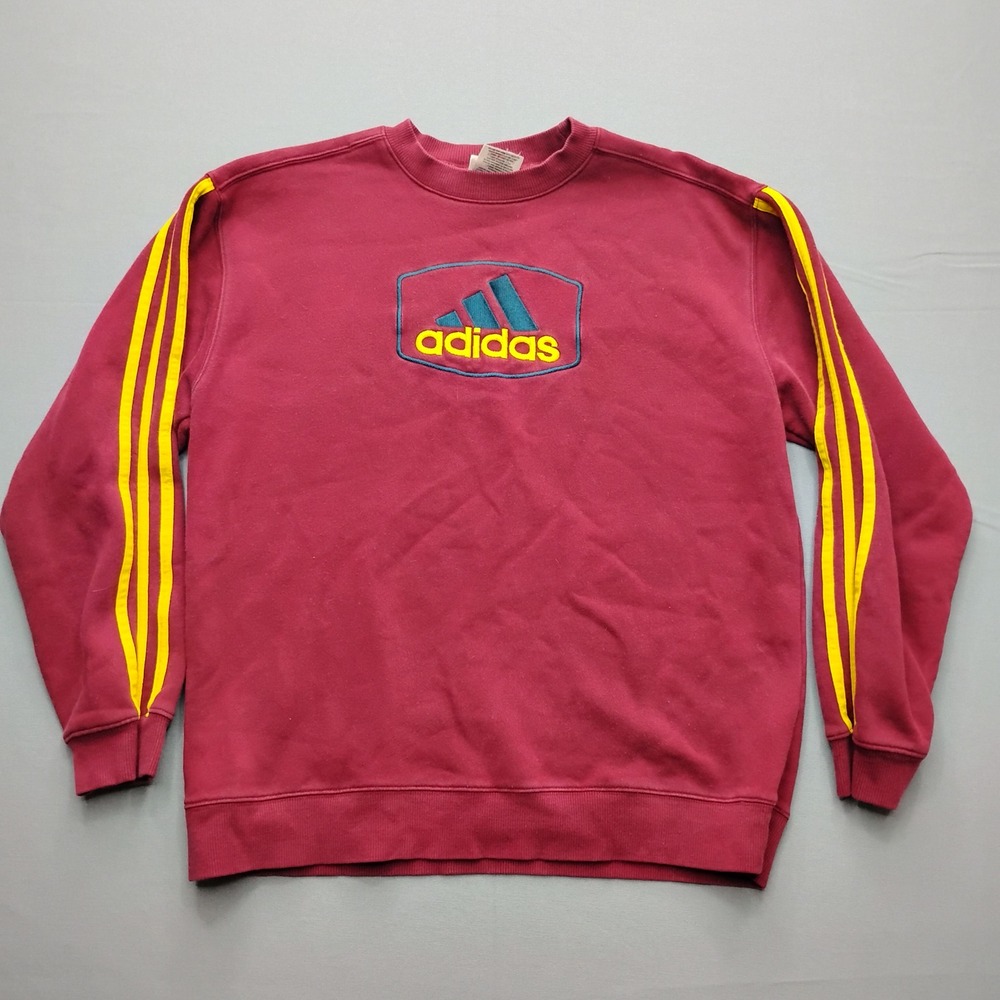 Adidas Mens Maroon Red Crewneck Sweatshirt XL Vintage 90s Yellow Stripes